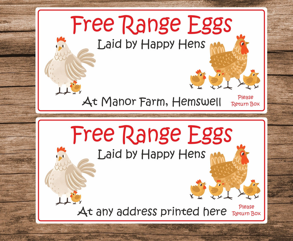 34 Personalised Free Range Eggs/ Egg box stickers/Labels Laid by Happy Hens, Chicken design Please return egg box
