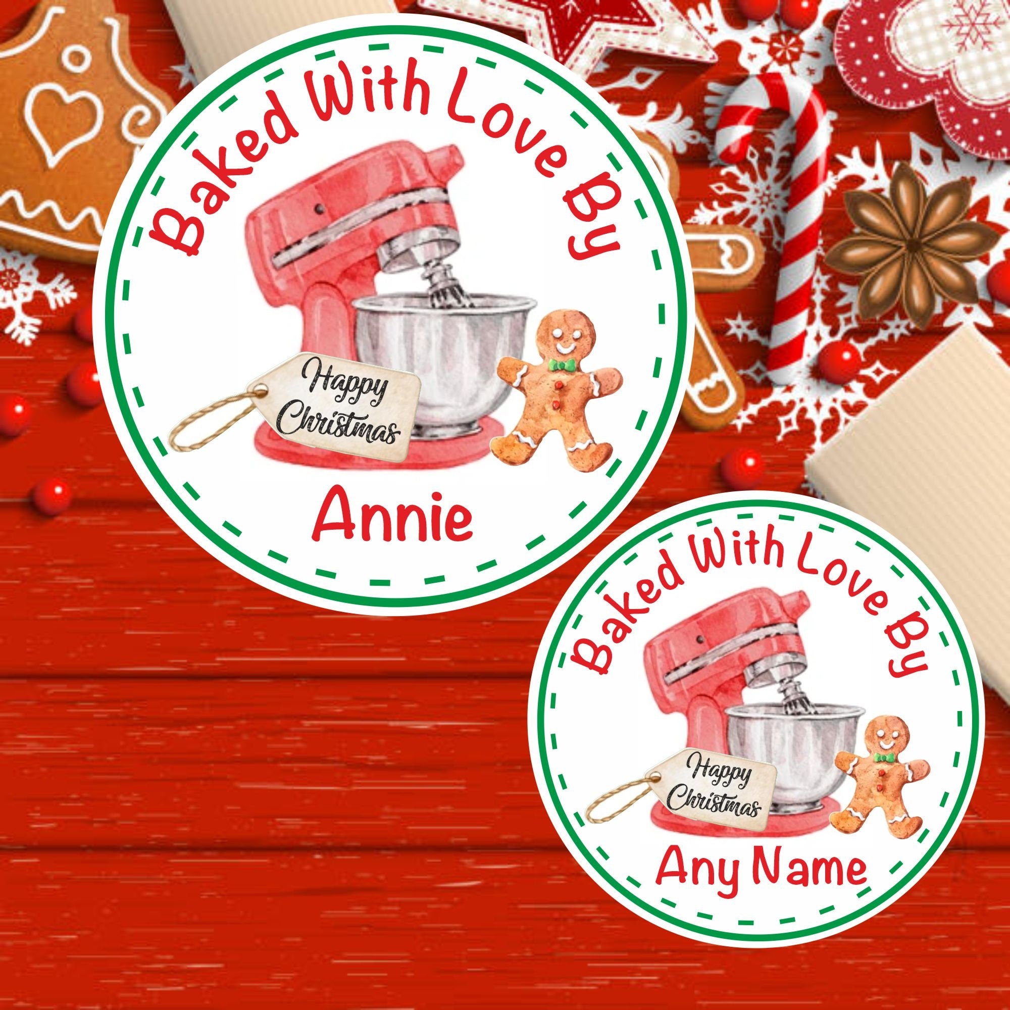 39 Personalised Baked with Love Christmas Stickers food mixer design for Baking Gifts, boxes, Bags,Jars