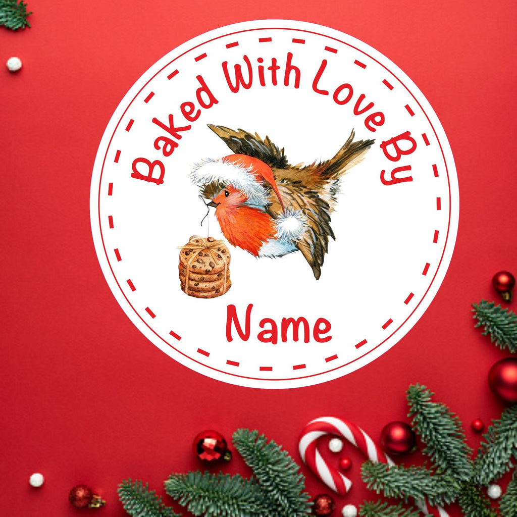 Personalised Baked with Love Christmas Baking Stickers Robin Cookie Design,