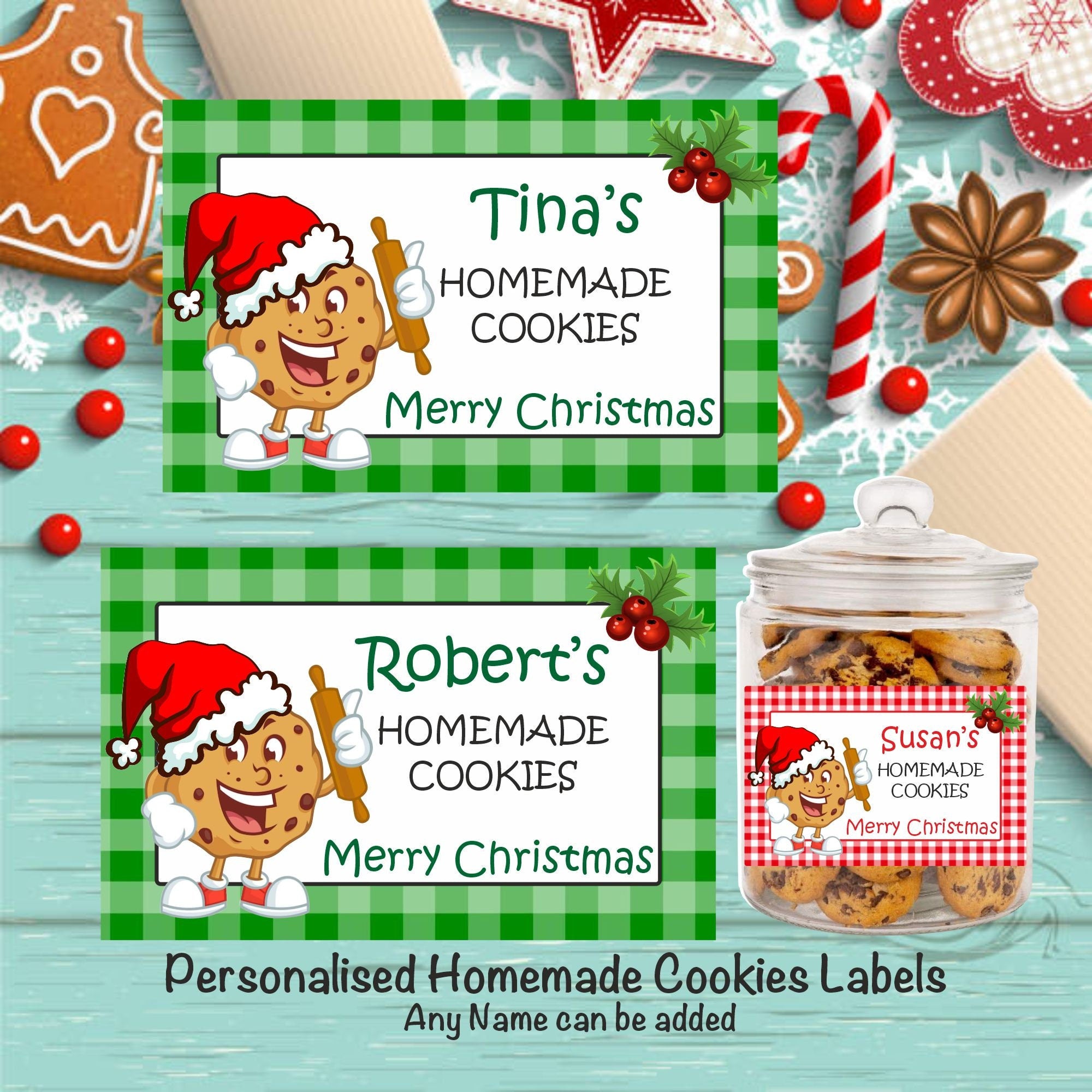 18 Personalised Christmas Cookie Homemade by Any Name. Labels, Great for Baking Gifts, boxes, Bags, Jars