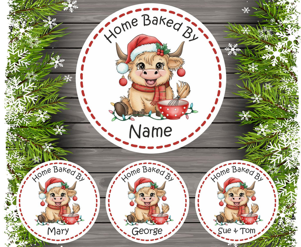 39 Personalised  Highland Cow Christmas Home Baking Stickers Round labels ,cakes, cake box cupcakes ideal for your homemade Christmas bakes
