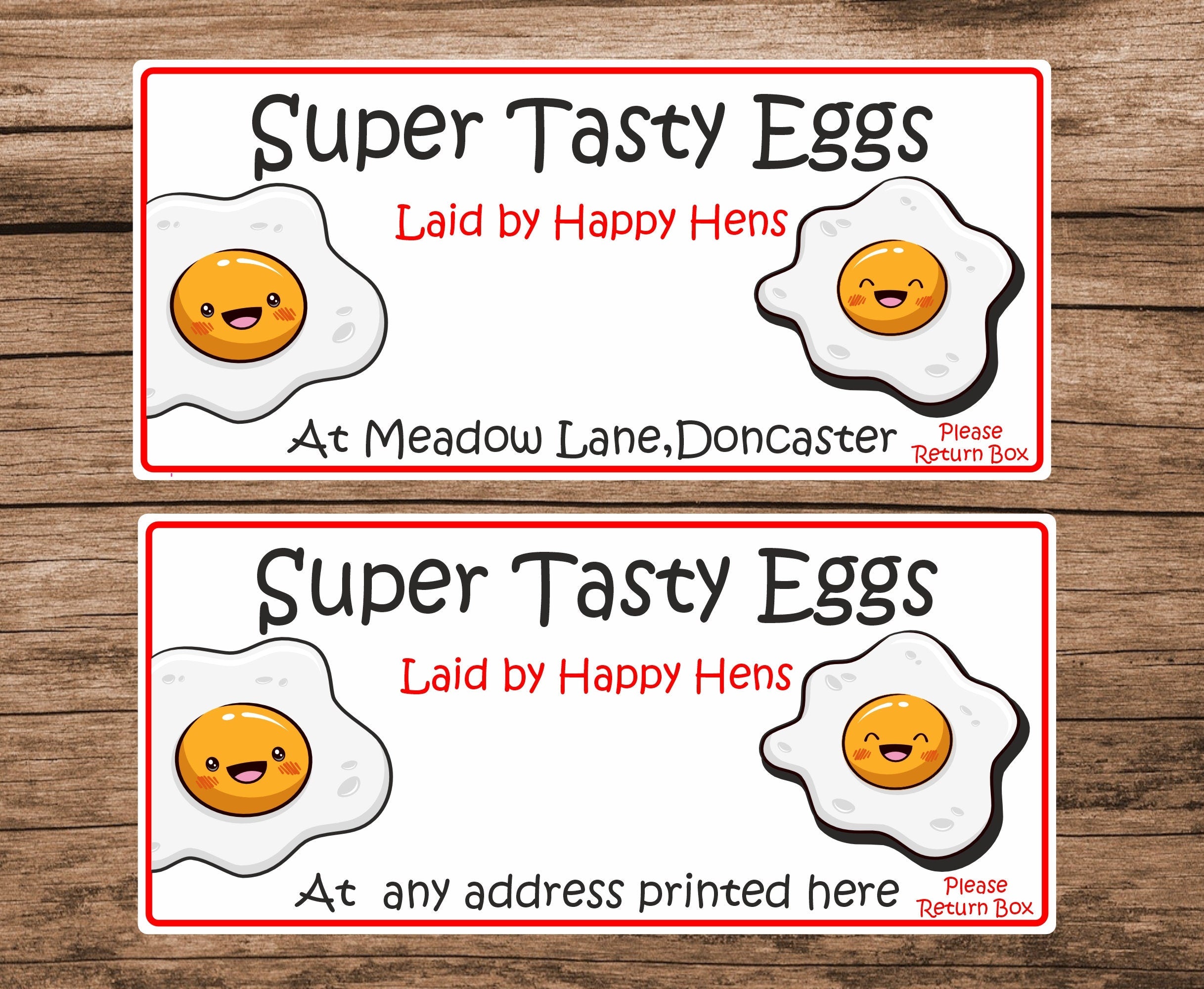34 Personalised Super Tasty Eggs/ Egg box stickers/Labels Laid by Happy Hens, Fried egg design Please return egg box