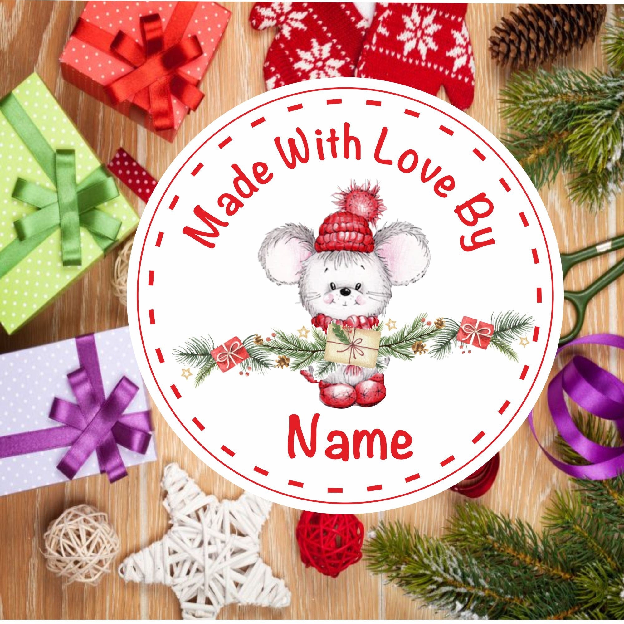 Personalised Made with Love Christmas Stickers Mouse Christmas Garland Design, Ideal for homemade gifts, baking etc