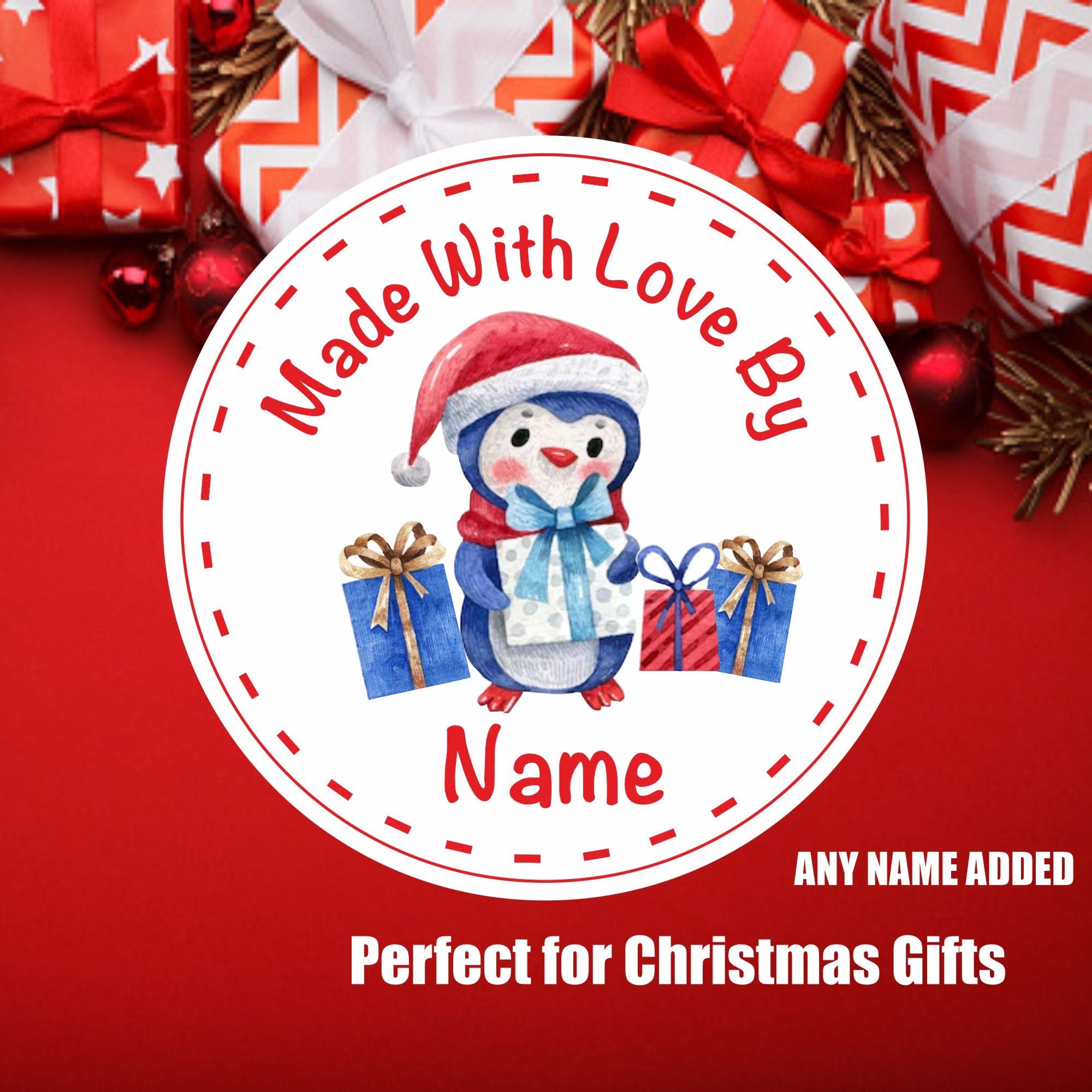 Personalised Made with Love Christmas Stickers Penguin  Gift Design, Ideal for homemade gifts, baking etc