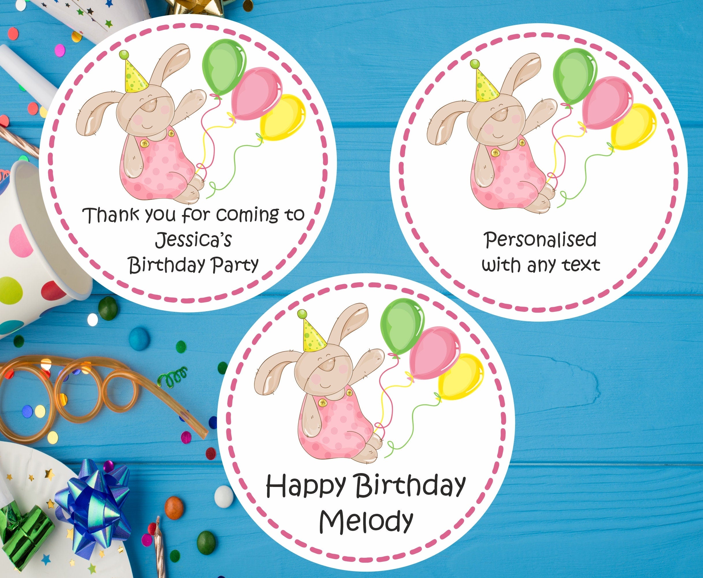 39 Personalised Girls Bunny Rabbit and balloons design Birthday Stickers/Labels Ideal for Birthdays, Party Bags, Boxes