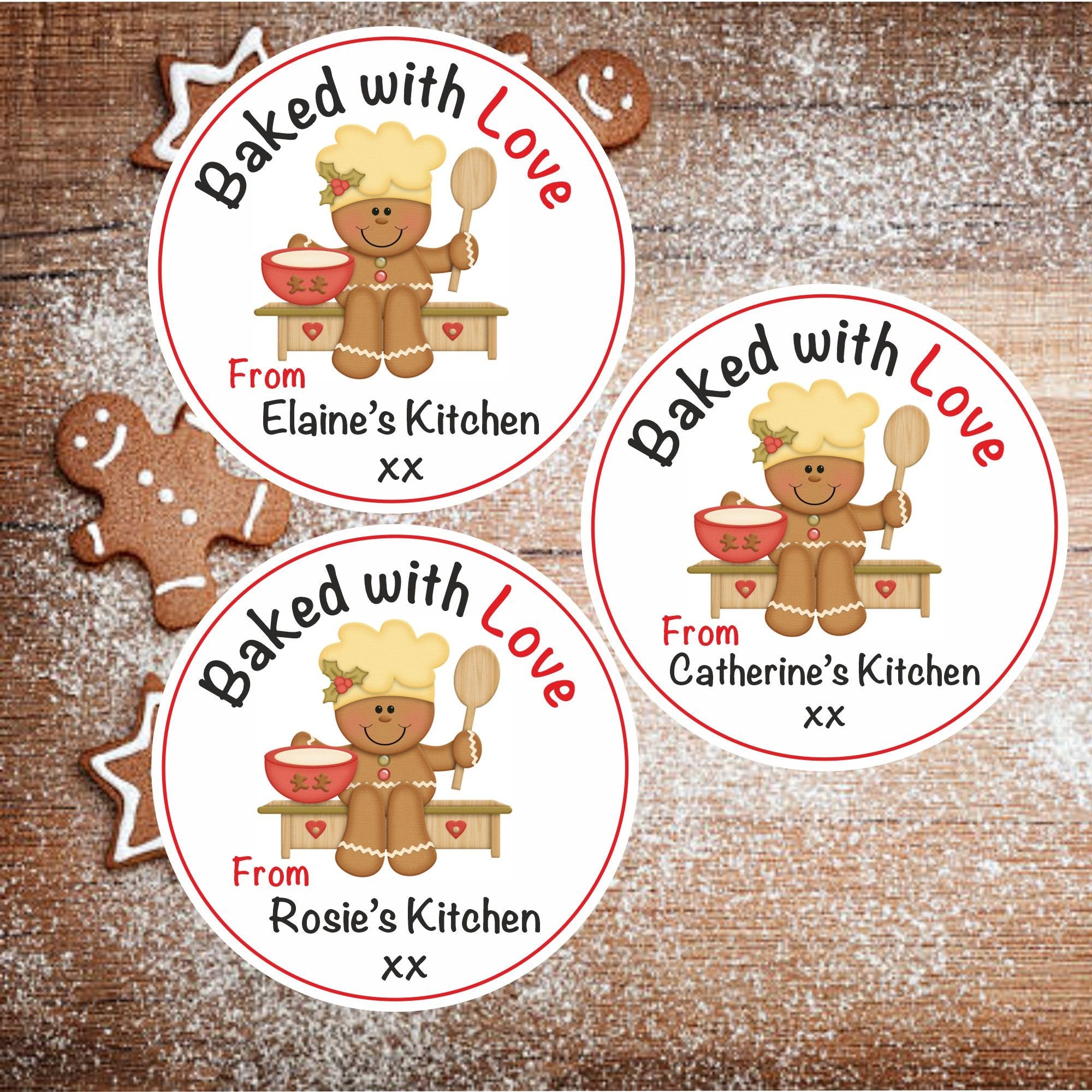39 Personalised Baked with Love Christmas Stickers for Baking Gifts, boxes, Bags,Jars