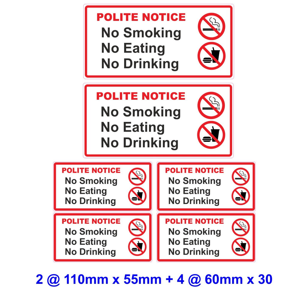 6 No Smoking Eating Drinking  Laminated  Vinyl  Stickers Taxi  Car Van  Hire etc