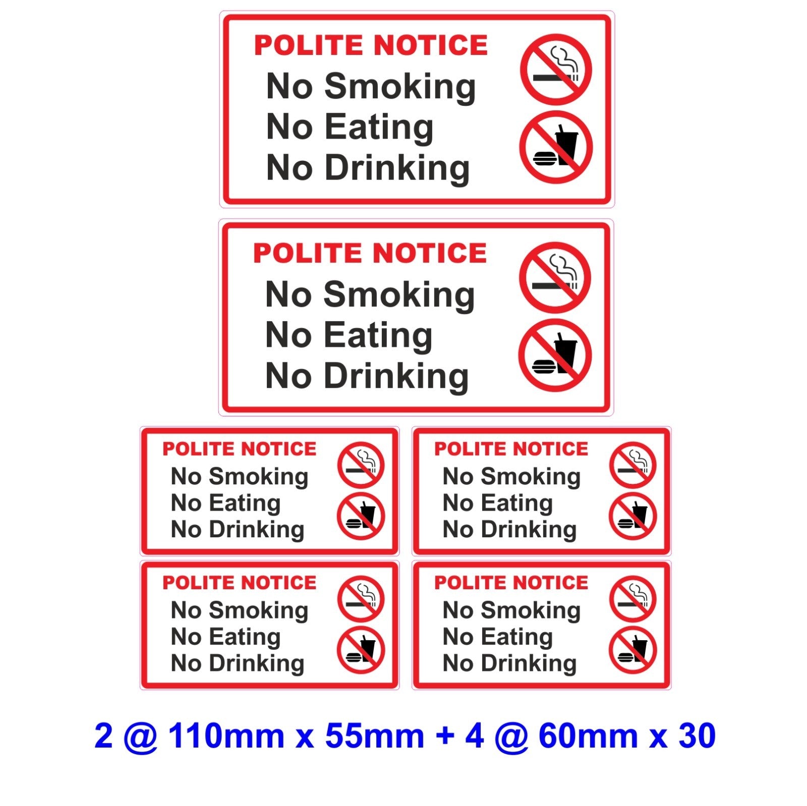 6 No Smoking Eating Drinking  Laminated  Vinyl  Stickers Taxi  Car Van  Hire etc