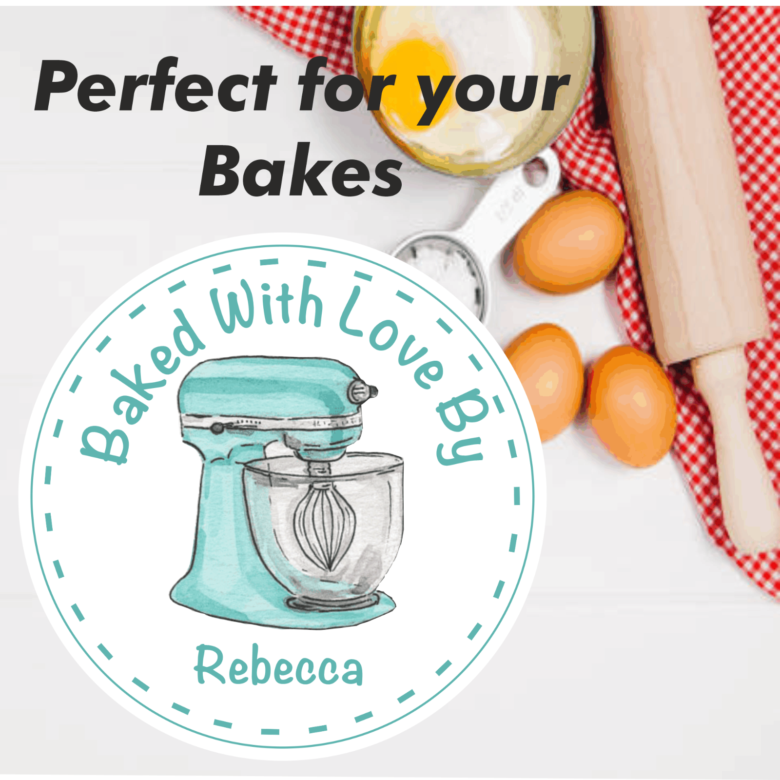 Personalised Baking Stickers Green Mixer ANY NAME  cake box, cupcakes etc,