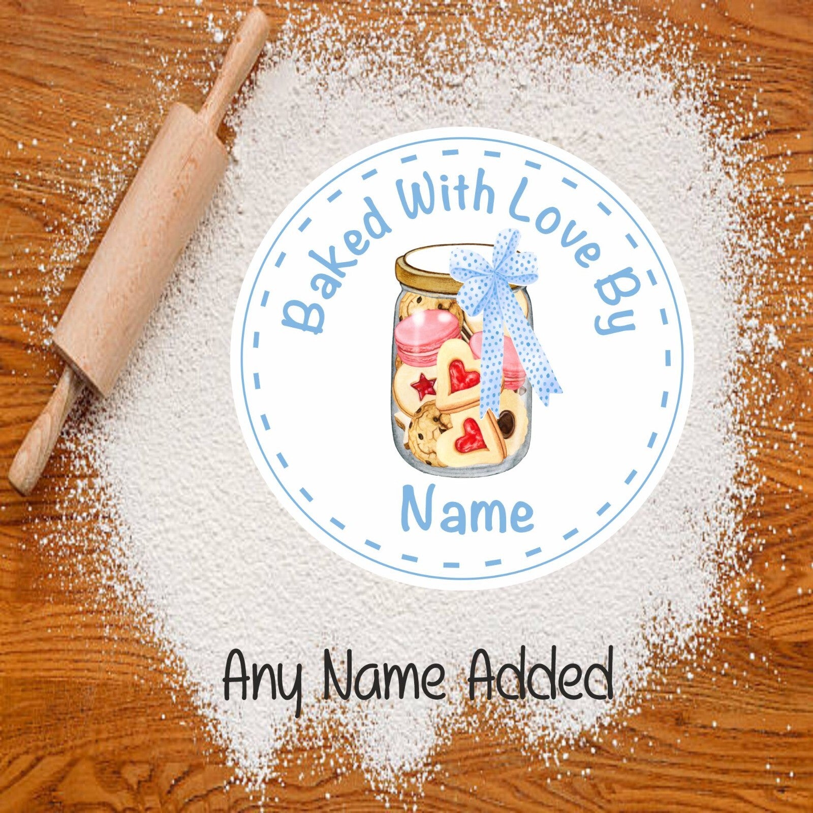 Personalised Baking Stickers Gift label ANY NAME Blue Bow cake box cupcake Xmas