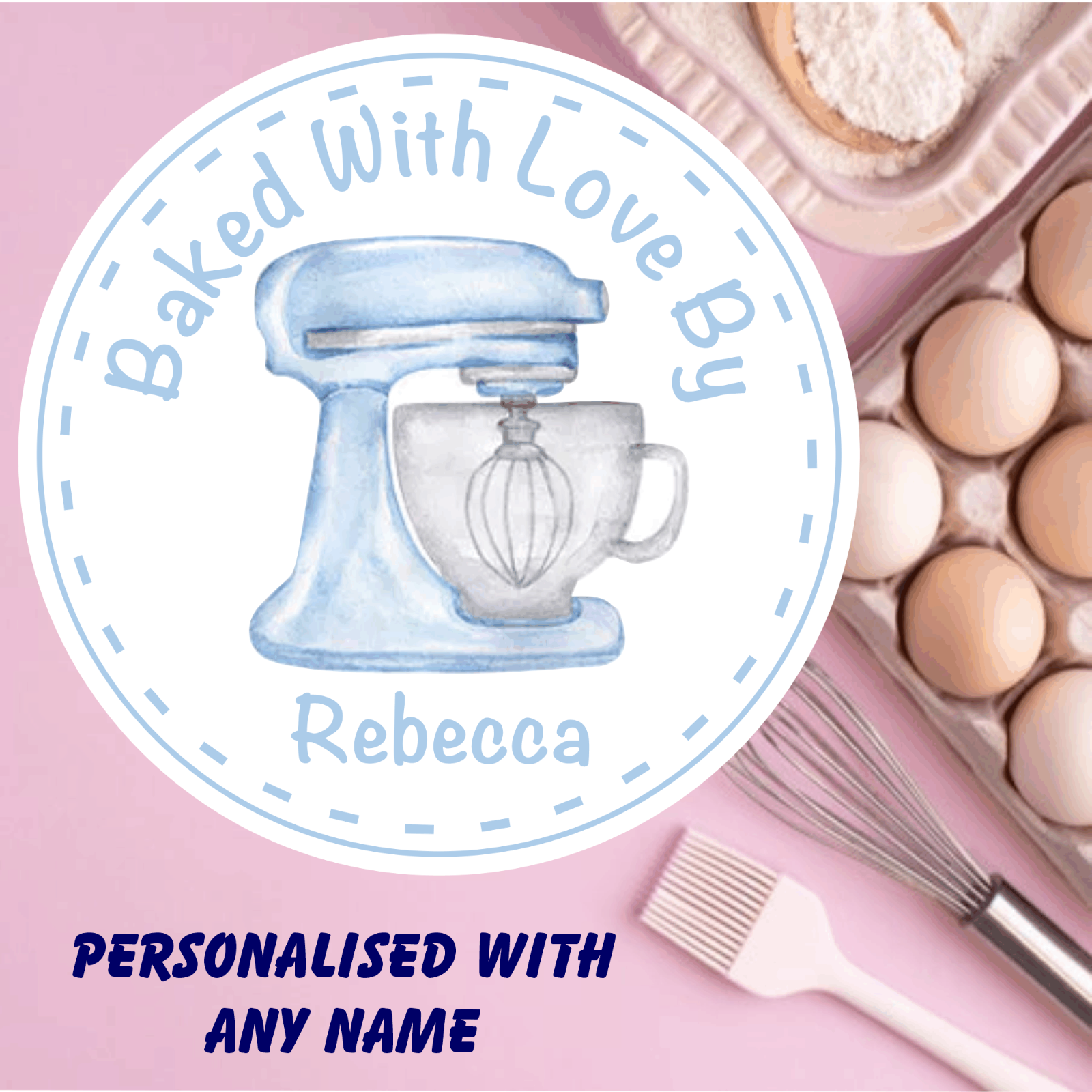 Personalised Baking Stickers Blue Mixer ANY NAME  cake box, cupcakes etc,