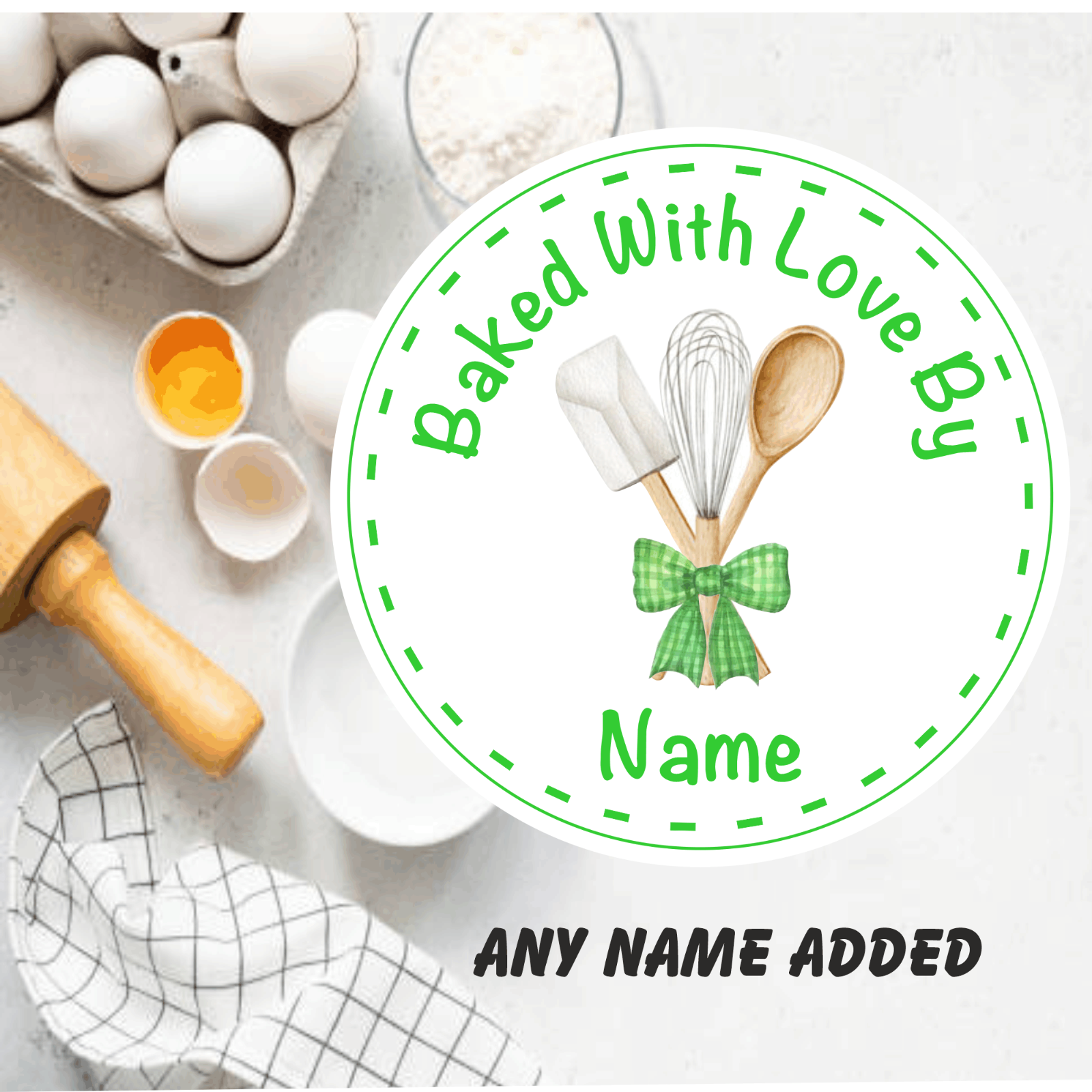 Personalised Baking Stickers Gift labels ANY NAME Green Bow cake box cupcakes