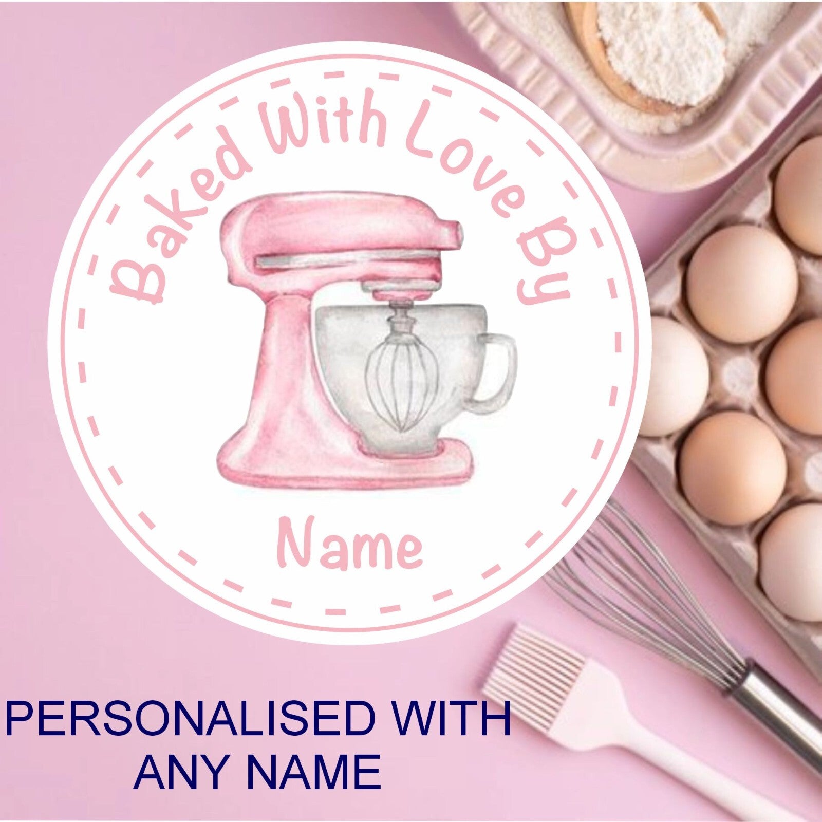 Personalised Baking Stickers Pink Mixer ANY NAME  cake box, cupcakes etc,