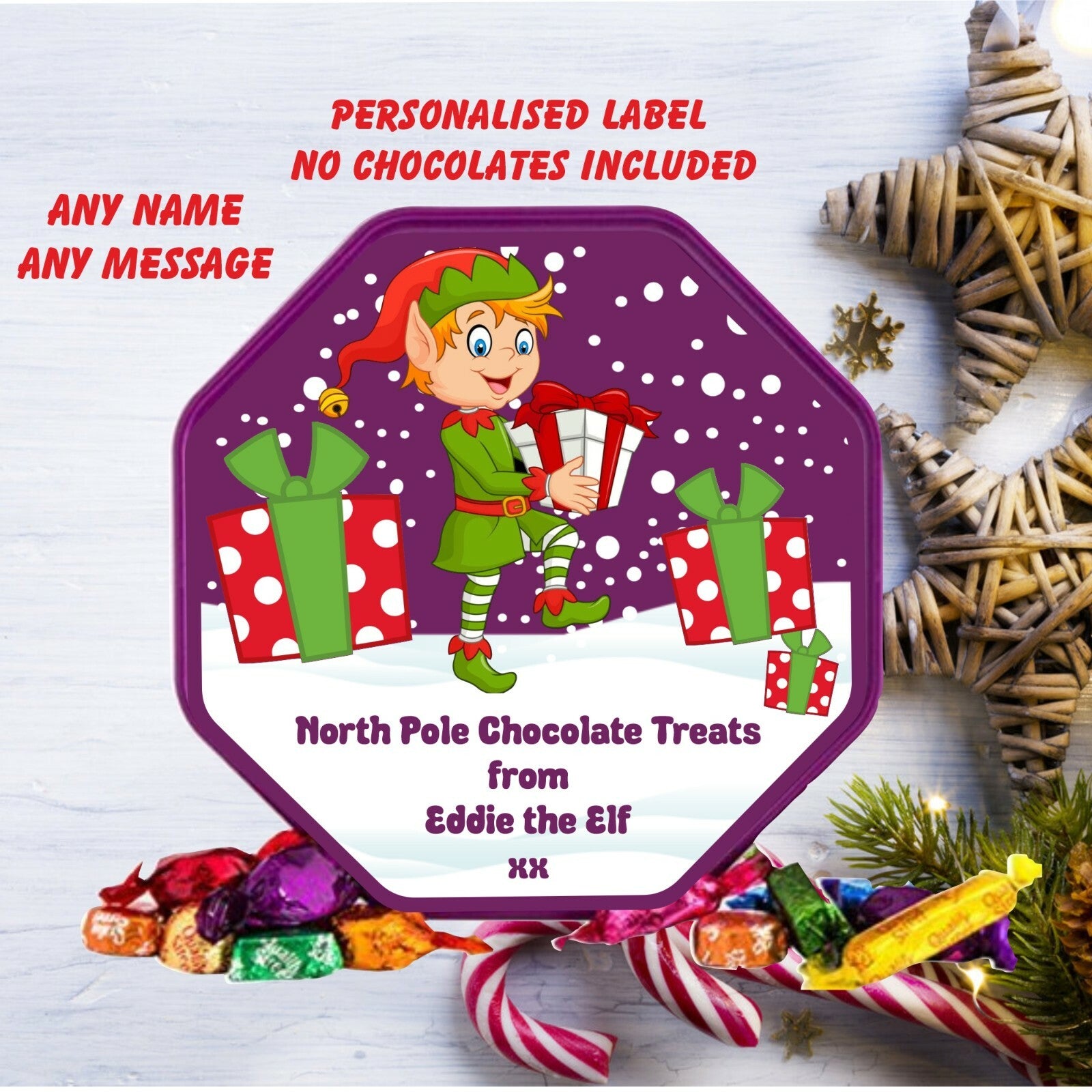 CHRISTMAS ELF - LABEL ONLY  - fits  Quality Street Personalised name and message