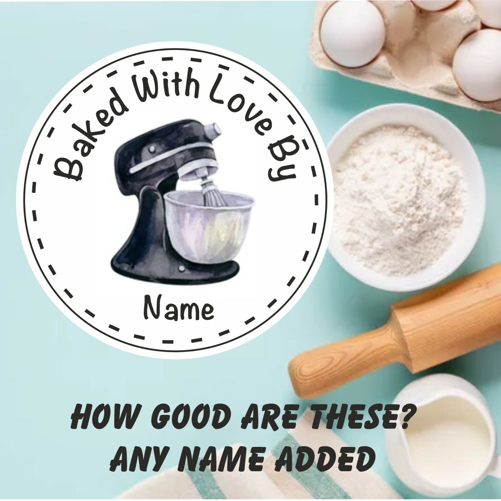 Personalised Baking Stickers Black Mixer ANY NAME  cake box, cupcakes etc,