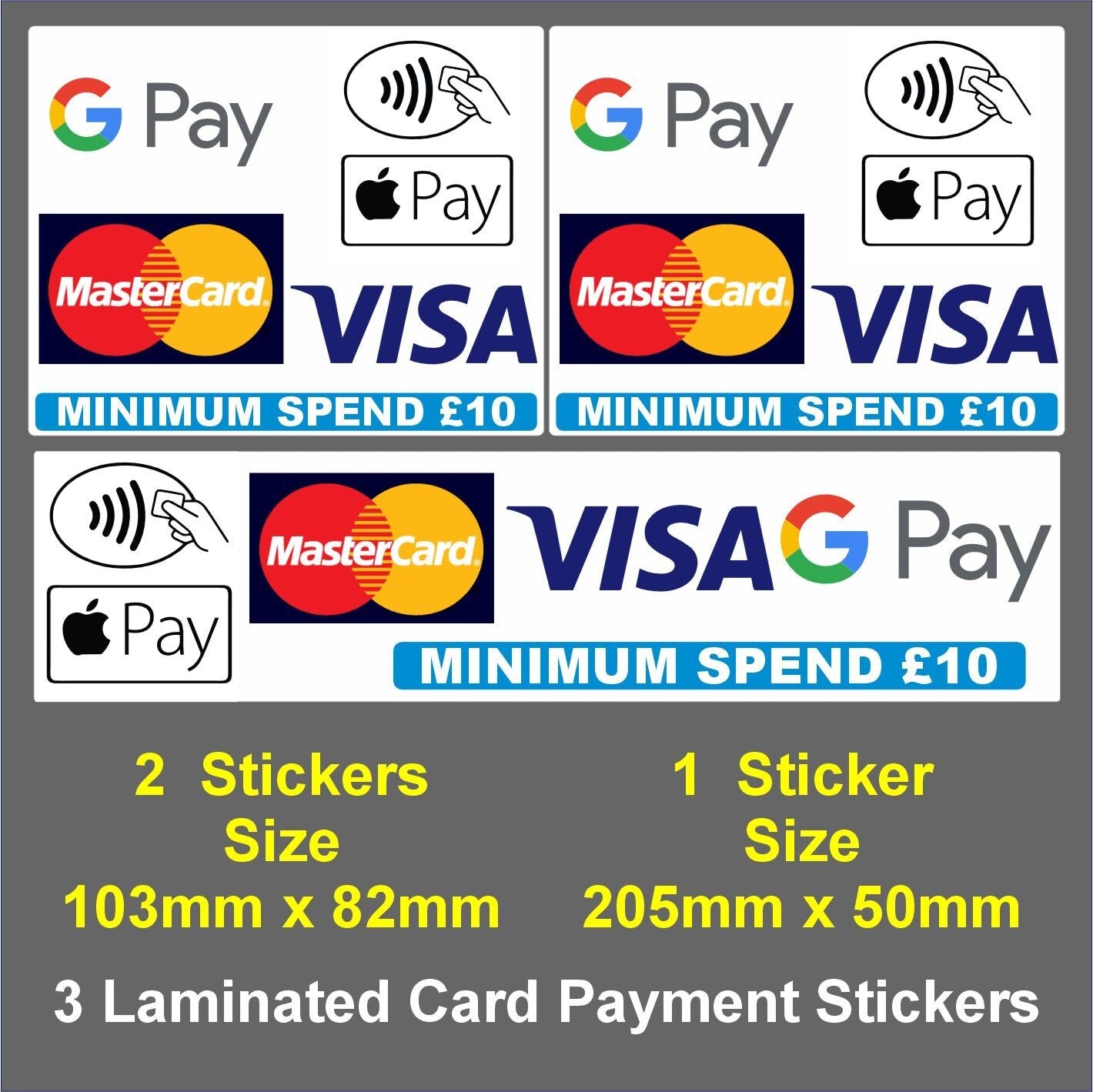 £10 Minimum Spend  Card Payment stickers Shops, Taxis Cafes Fish and Chips Pubs