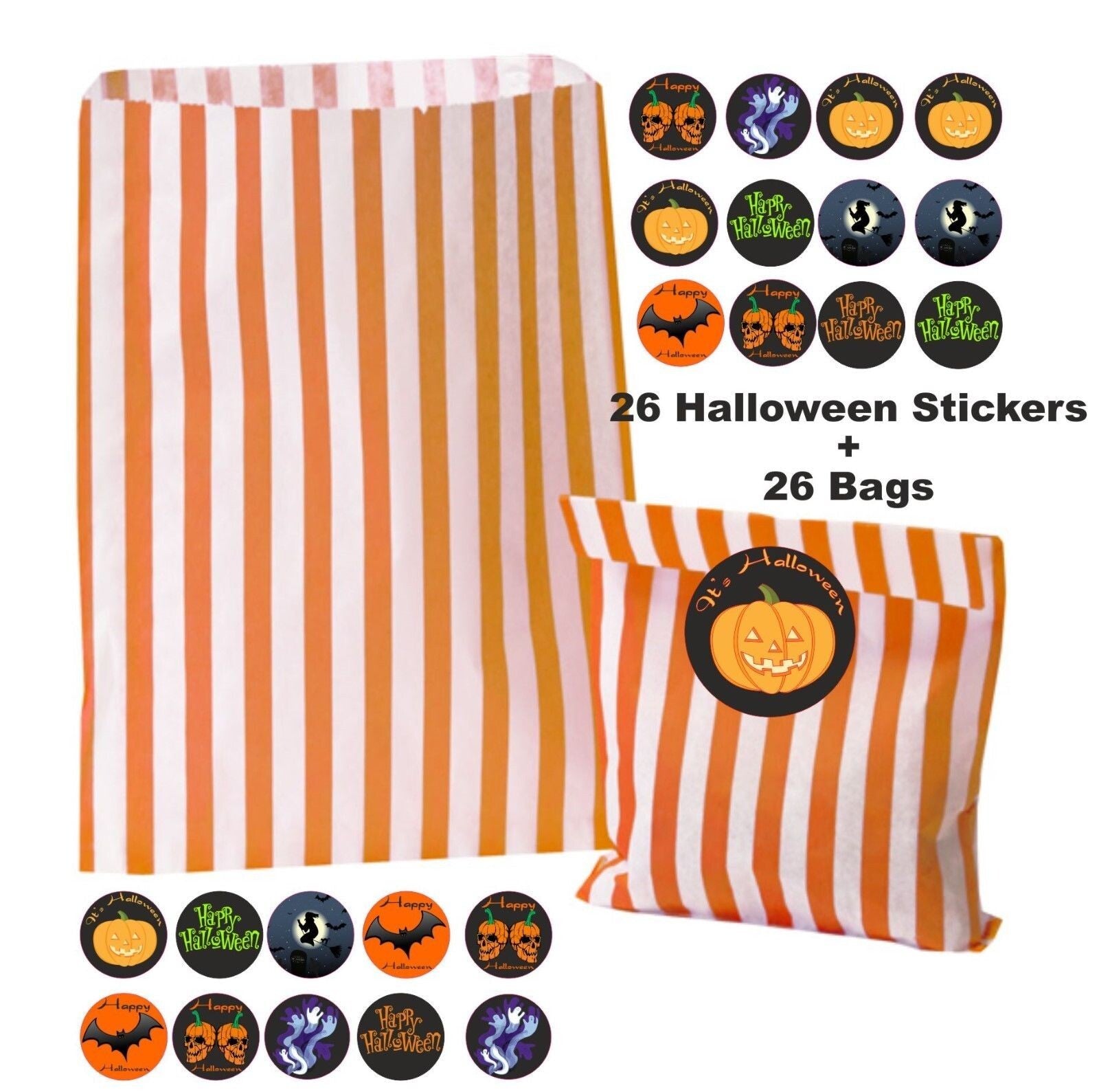 TRICK OR TREAT HALLOWEEN  26 ORANGE STRIPED PARTY BAGS & 26 STICKERS PER SET