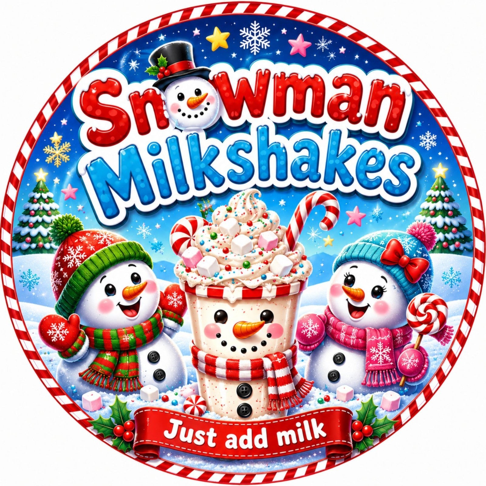 39 Snowman Milkshake Christmas Stickers , Bottle, sweet cones, 50mm Round Labels