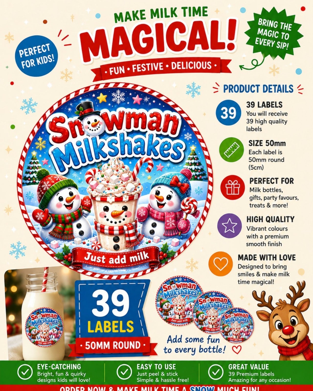 39 Snowman Milkshake Christmas Stickers , Bottle, sweet cones, 50mm Round Labels