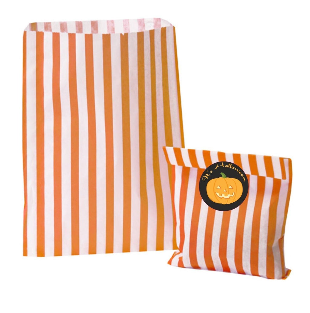 TRICK OR TREAT HALLOWEEN  26 ORANGE STRIPED PARTY BAGS & 26 STICKERS PER SET