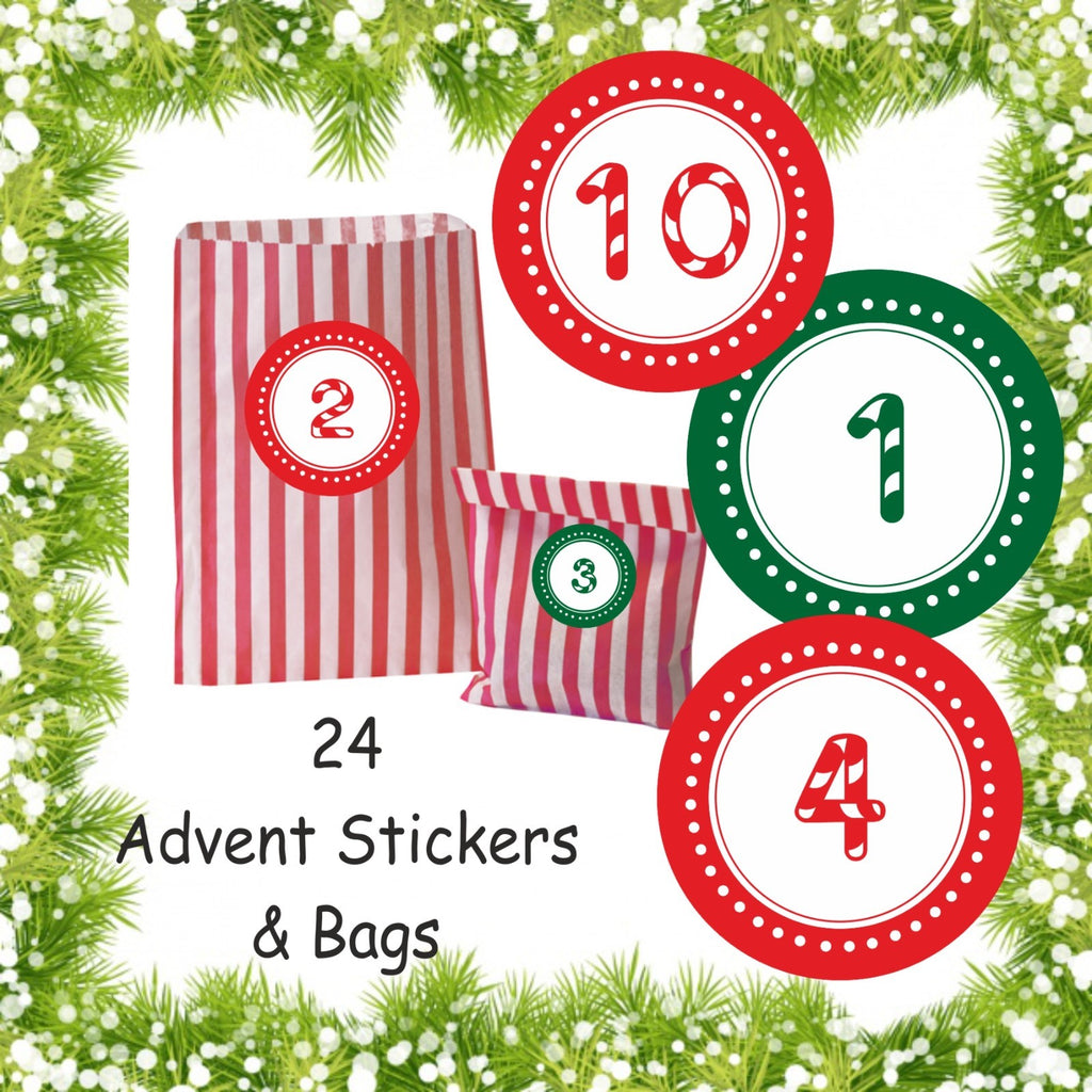 24 Advent Calendar Stickers & 24 Red Striped Bags for  Boys or Girls Christmas