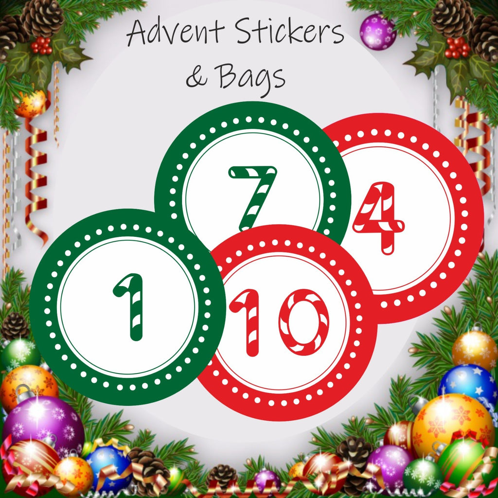 24 Advent Calendar Stickers & 24 Red Striped Bags for  Boys or Girls Christmas