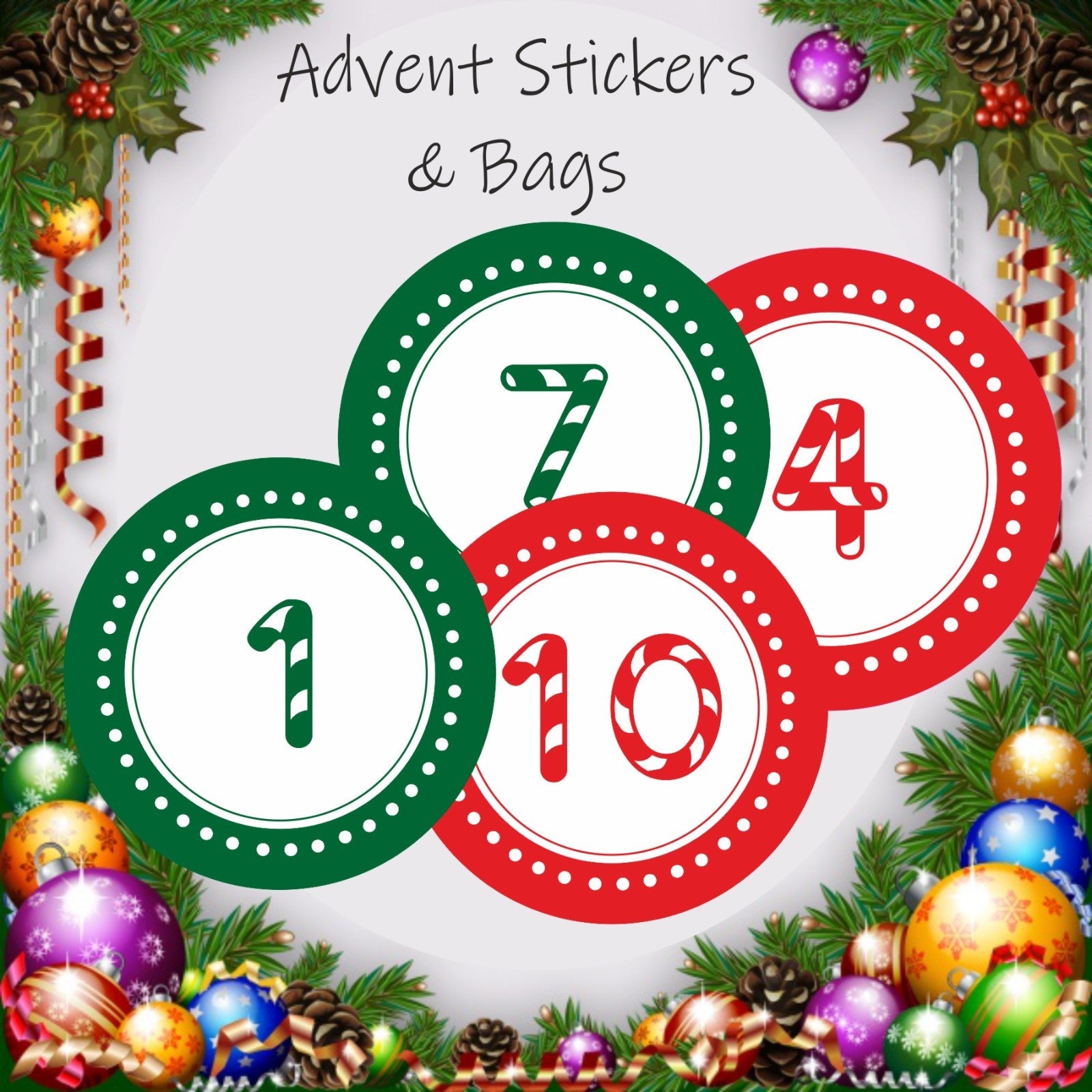 24 Advent Calendar Stickers & 24 Red Striped Bags for  Boys or Girls Christmas