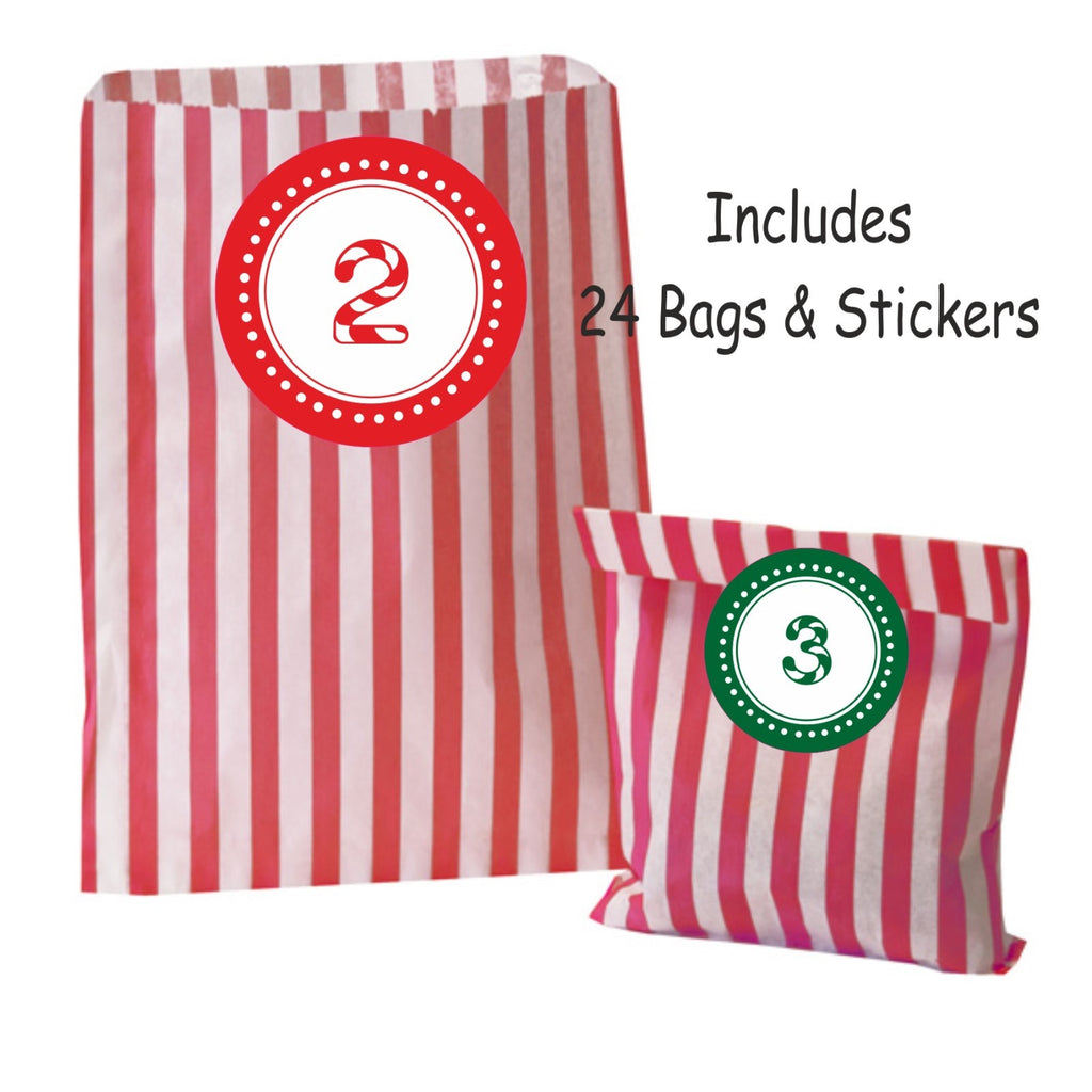 24 Advent Calendar Stickers & 24 Red Striped Bags for  Boys or Girls Christmas