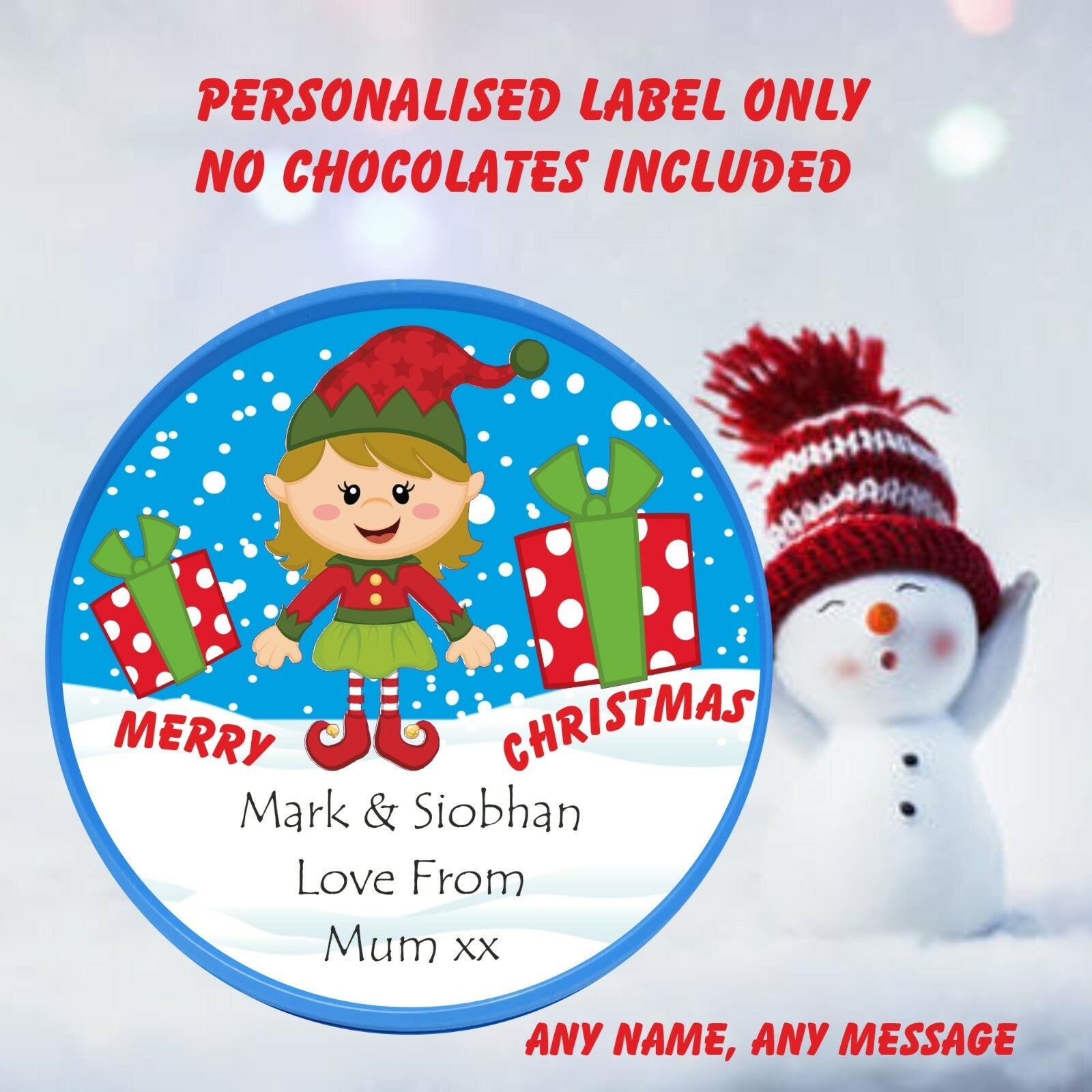 CHRISTMAS Girl Elf Personalised  - LABEL ONLY- Fits Roses Chocolate Secret Santa