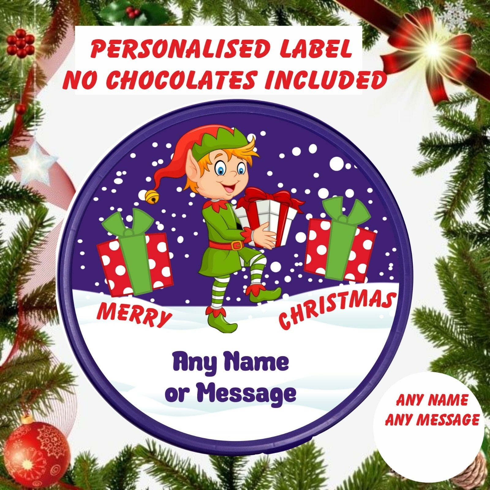 CHRISTMAS ELF Personalised  -LABEL ONLY-  Fits Heroes Chocolate Tub  gift idea