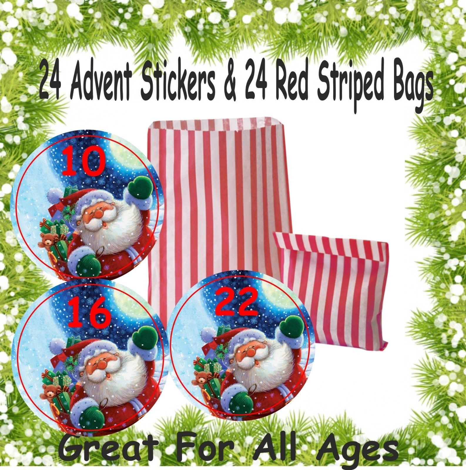 24 Father Christmas Advent Calendar Stickers & 24 Red Striped Bags For All Ages