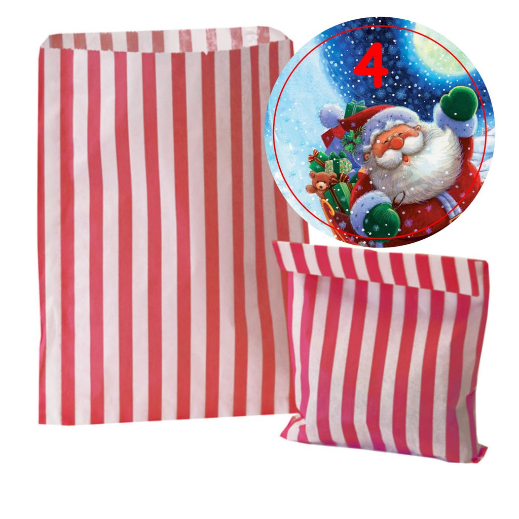 24 Father Christmas Advent Calendar Stickers & 24 Red Striped Bags For All Ages
