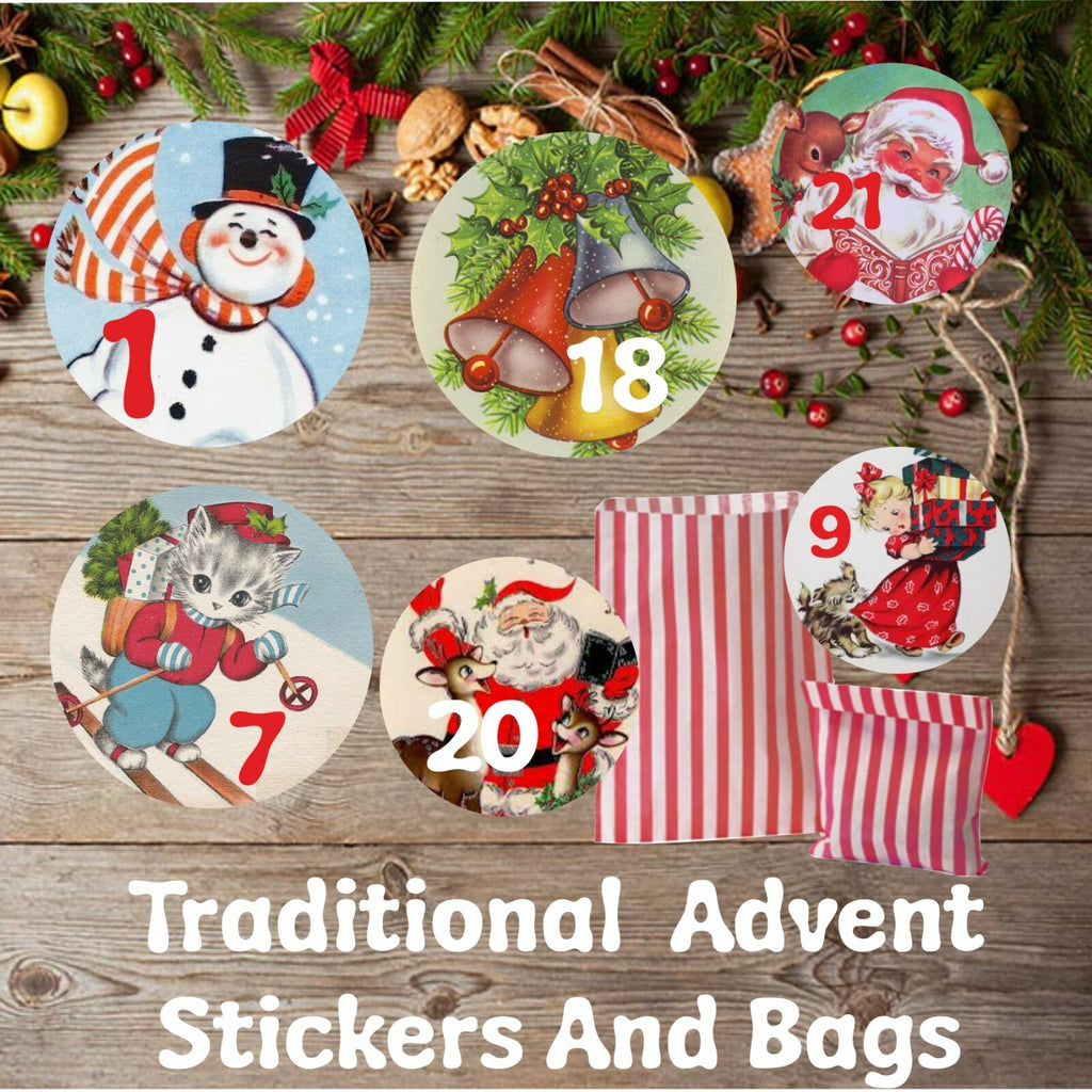 24 Traditional Advent Calendar Stickers & 24  Bags for  Boys or Girls Christmas