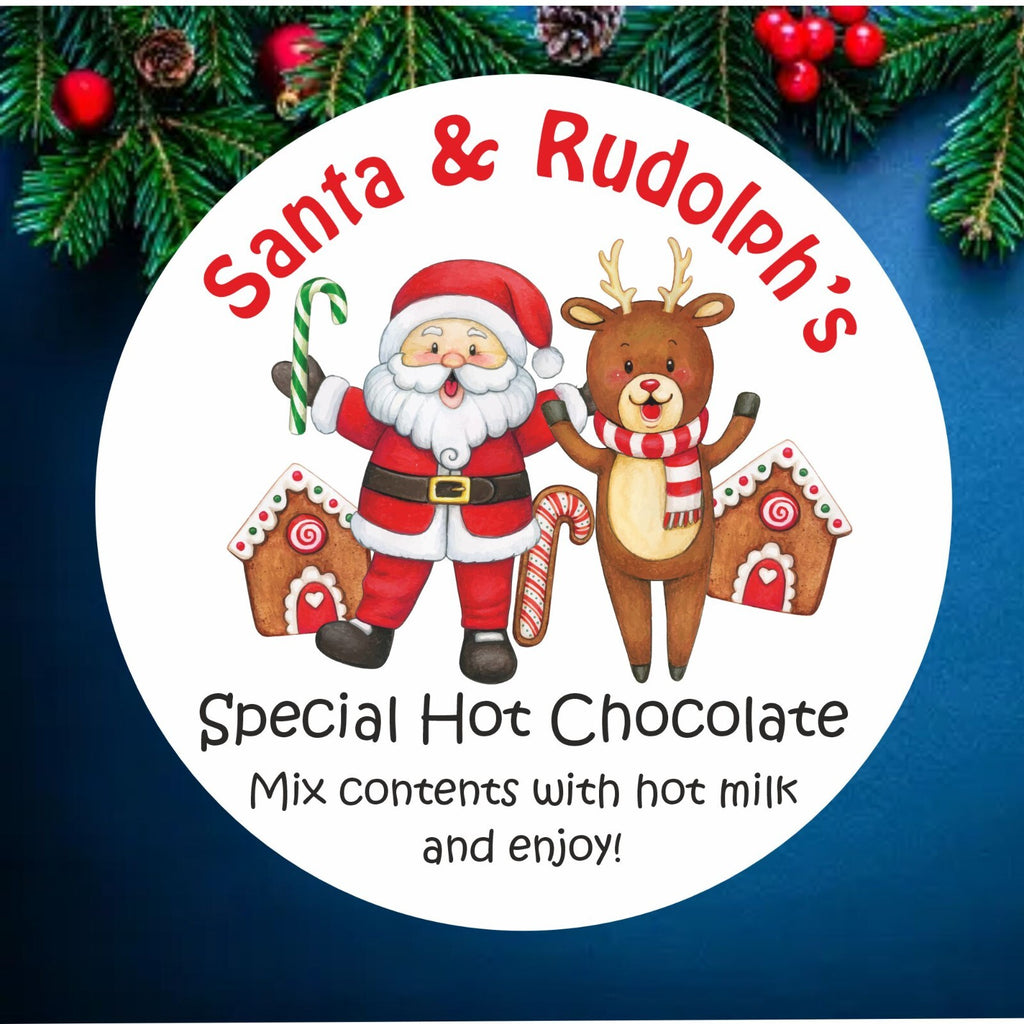 39 Santa & Rudolph's Special  Hot Chocolate Christmas Stickers, Labels, Cones,
