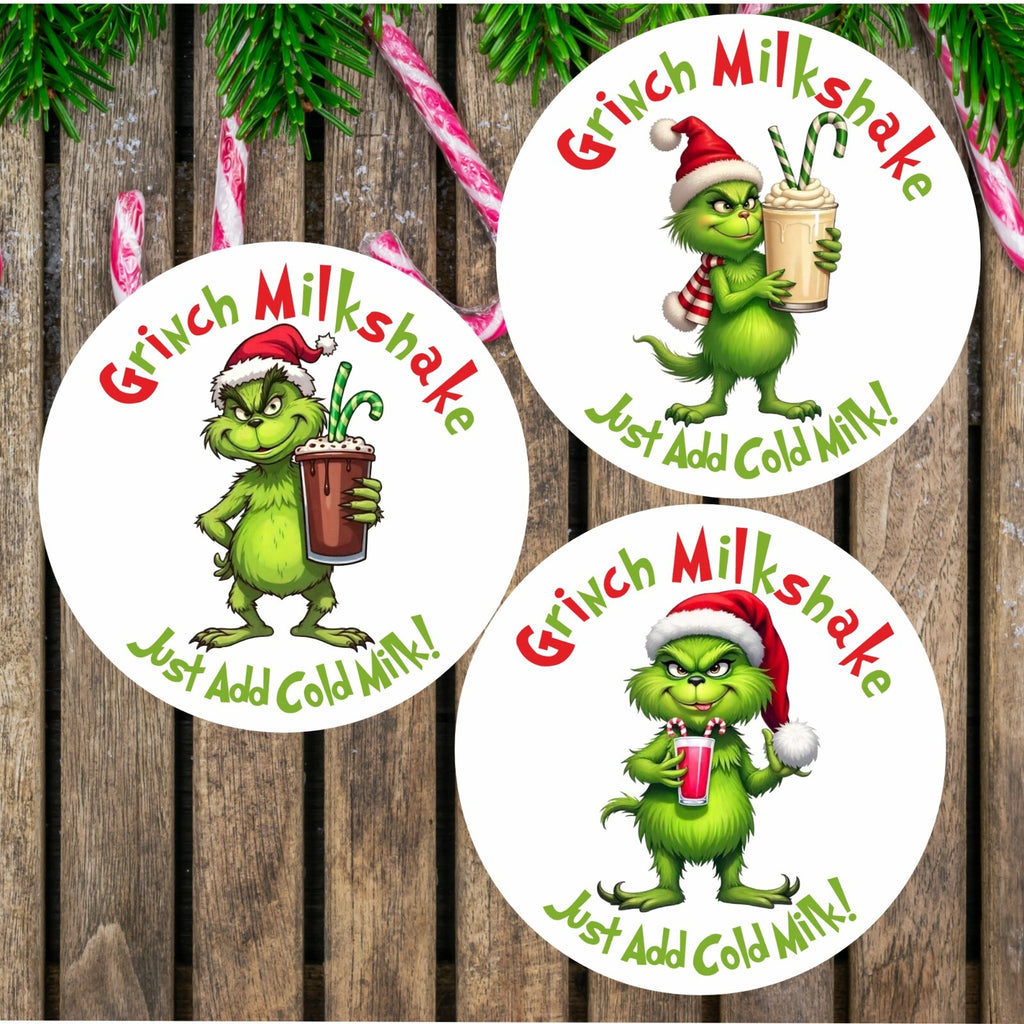 Grinch Christmas Milkshakes labels/stickers perfect for sweet cones, bags