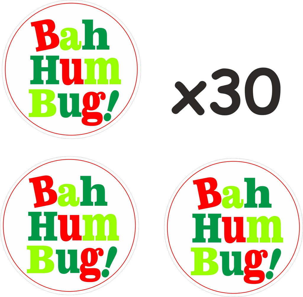 30 Bah Humbug Novelty Vinyl Stickers for Christmas Scrooges fun Labels for xmas
