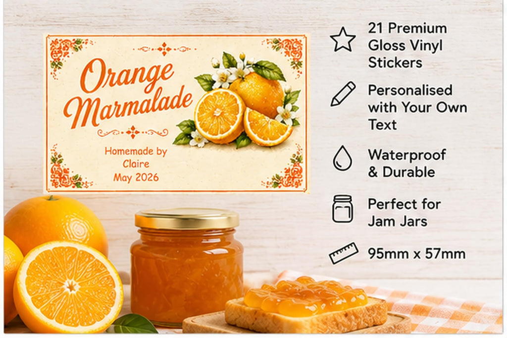 Personalised Orange Marmalade Labels, 21 Premium Gloss Vinyl Stickers, 95 x 57mm