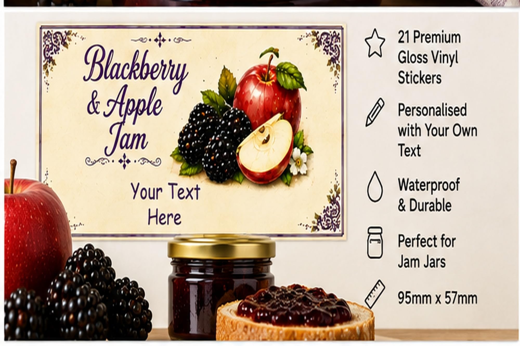 Personalised BlackBerry & Apple Jam Labels, 21 Premium Gloss Vinyl Stickers, 95 x 57mm