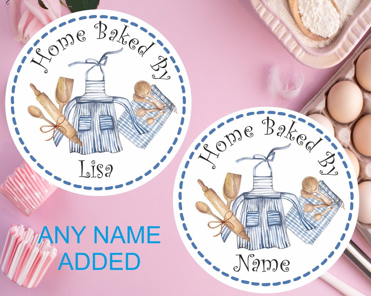 Personalised home baking stckers labels cooking apron design. for home bakes, cookies, cup cake boxes or bags