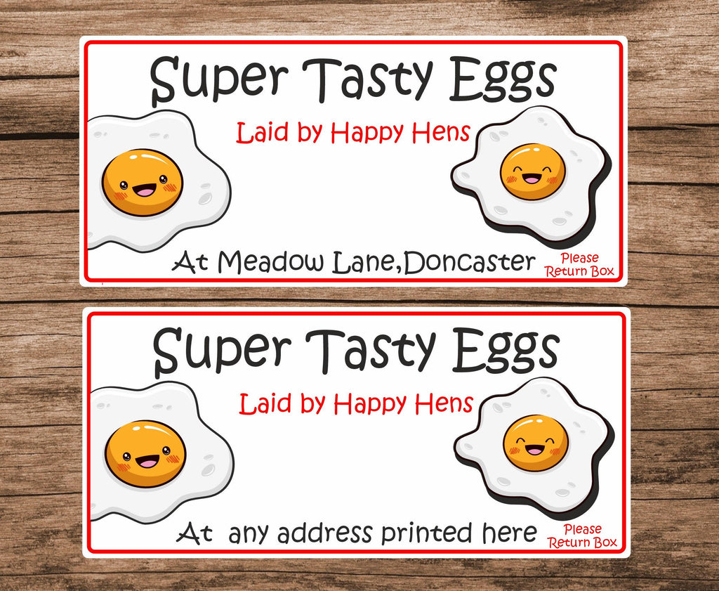 34 personalised super tasty eggs/ egg box stickers/labels laid by happy hens, fried egg design please return egg box