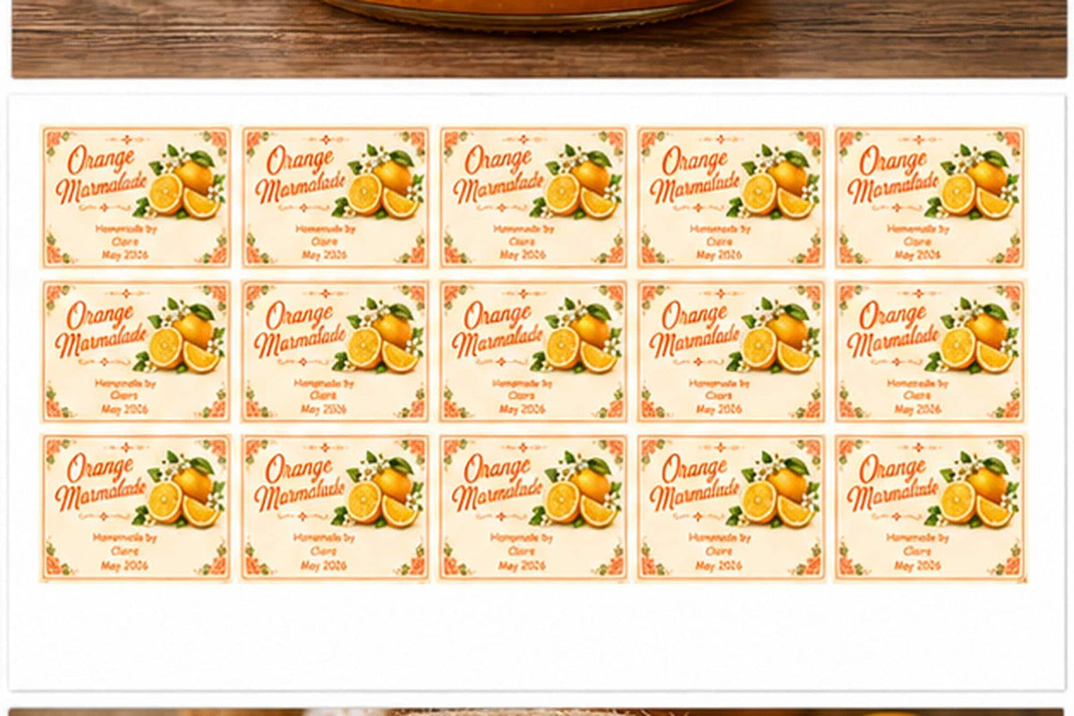 Personalised orange marmalade labels, 21 premium gloss vinyl stickers, 95 x 57mm