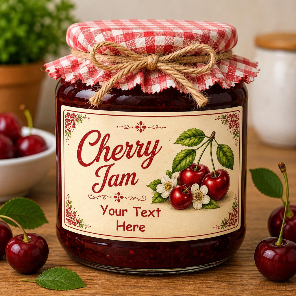 21 personalised cherry jam labels