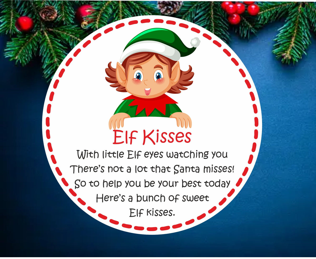Elf Kisses Christmas Stickers Ideal for all your MARSHMALLOWS, SWEETS, CANDY, great for sweet cones, bags, jars, boxes, tins