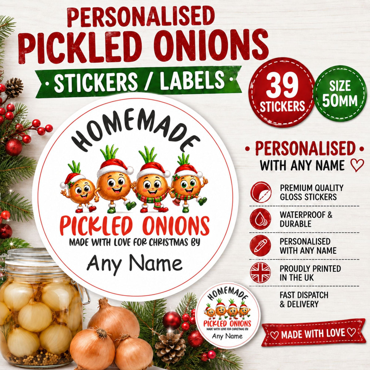 39 personalised Christmas Pickled Onion Labels Any Name Printed