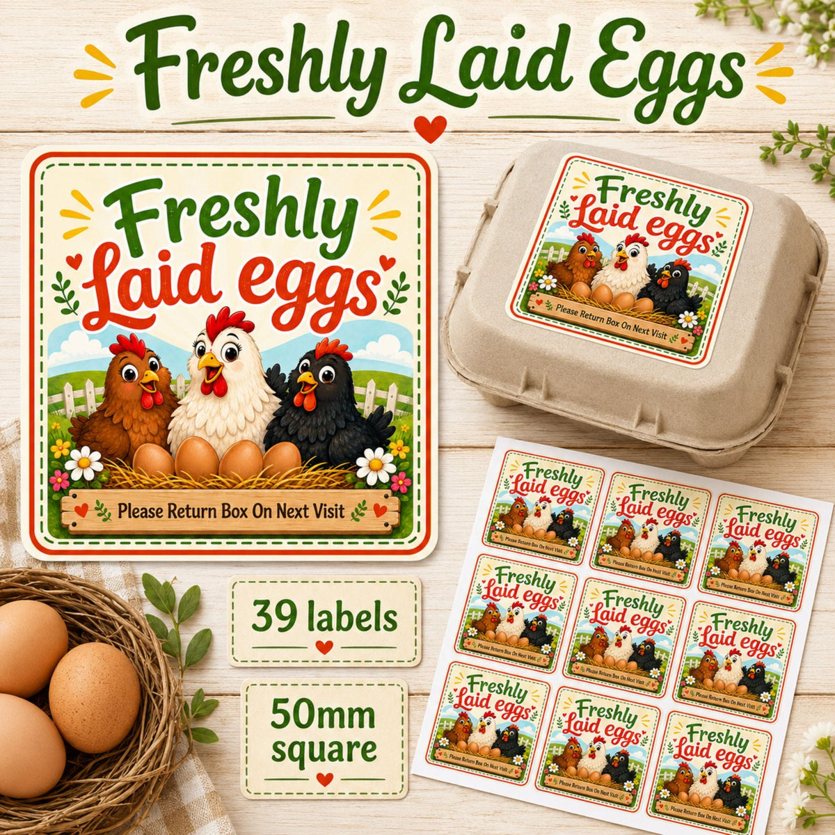39 Farmhouse chicken style egg box labels please return box square 50mm