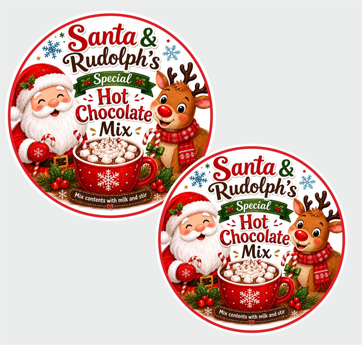 Santa & Rudolph’s Special Hot Chocolate Mix Labels – 39 x 50mm Round Christmas Stickers