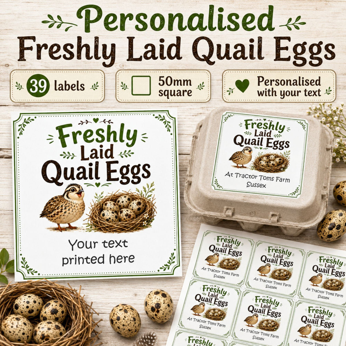 Personalised Freshly Laid Quail Egg Box Labels – 39 x 50mm Square Stickers