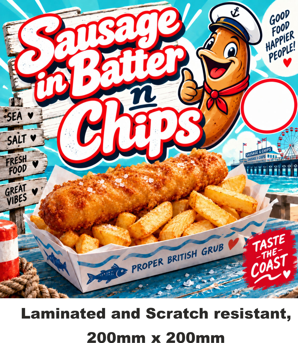 Sausage in Batter & Chips Catering Van Sticker – 200mm x 200mm Laminated Outdoor Food Sign