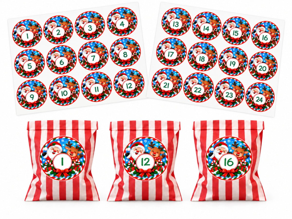Personalised Santa & Rudolph Advent Bag + 24 Bags + 24 Stickers Any Name Printed