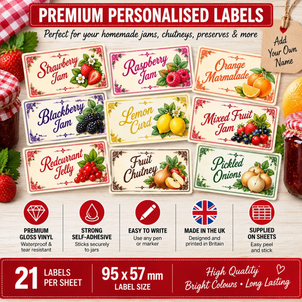 21 Personalised Apple & Pear Jam Jar Labels – Homemade Preserve Stickers – Add Your Own Name